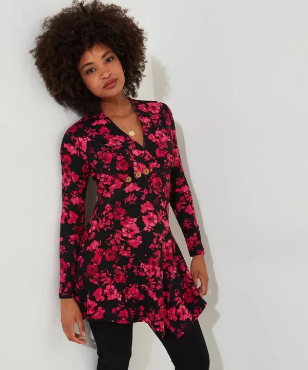 Hot Joe Browns Button Detail Printed Jersey Tunic Top Black