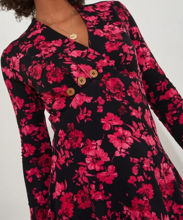 Hot Joe Browns Button Detail Printed Jersey Tunic Top Black