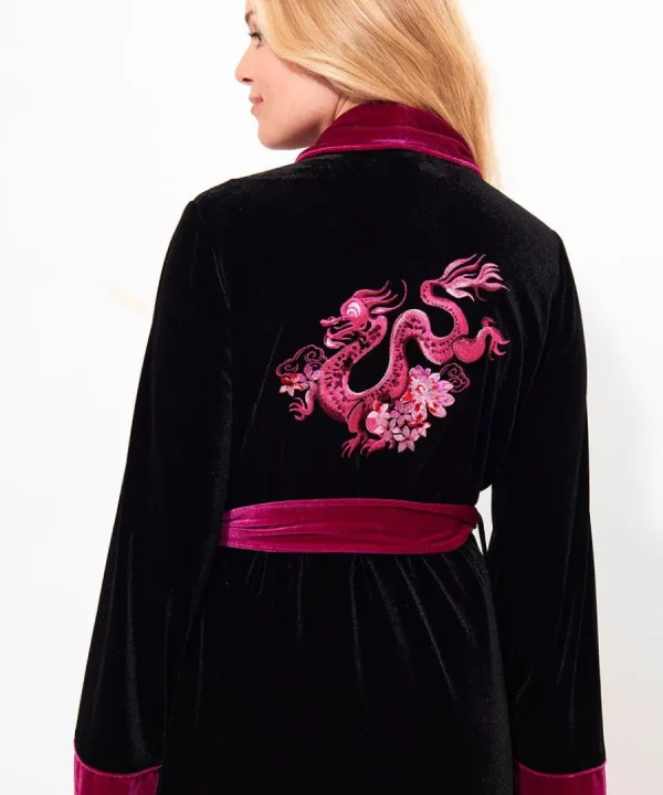 Clearance Joe Browns Daring Dragon Embroidered Velour Dressing Gown Black