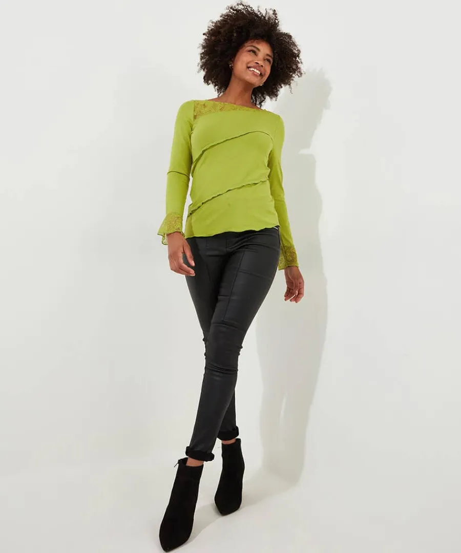 josie_lace_trim_top_1.webp Best Sale Joe Browns Josie Lace Trim Top Green / Black
