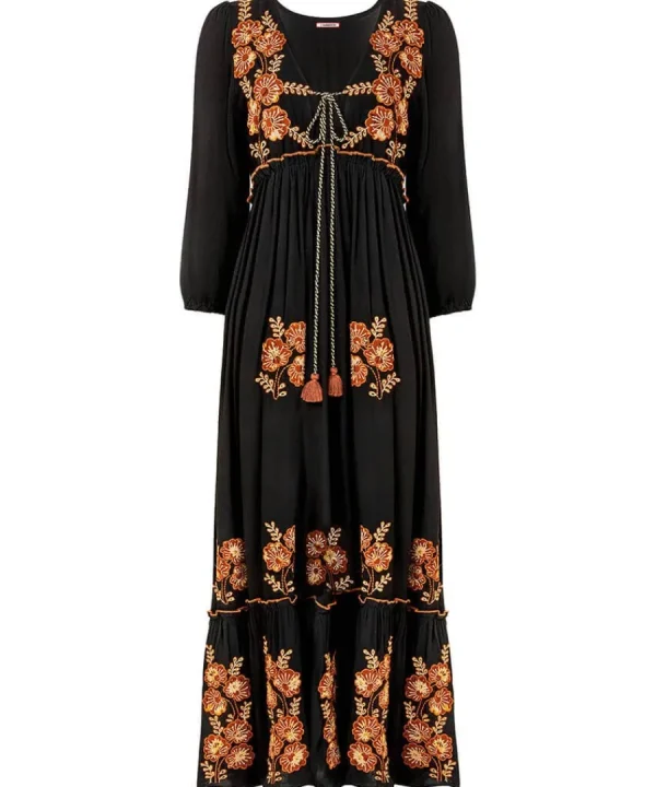 Hot Joe Browns Sensational Embroidered Boho Dress Black