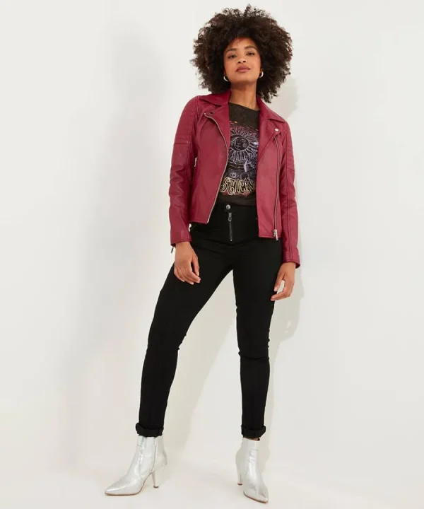 Flash Sale Joe Browns Stitch Detail Leather Biker Jacket Raspberry