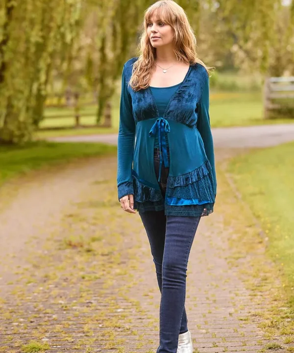 New Joe Browns Valerie Velour Cutabout Top Teal