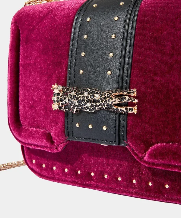 Hot Joe Browns Leopard Trim Deco Velvet Bag Dark Red